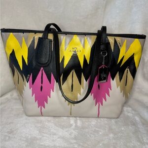 Coach Hawk Feather Tote Bag - Black, Yellow, Pink, Tan
